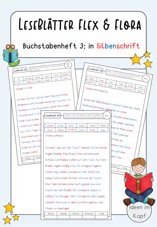 Leseblätter zu Flex und Flora 1 - Buchstabenheft 3 (Deutsche Version)