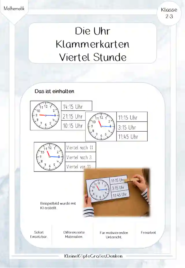 Die Uhr - Klammerkarten (Viertel Stunden)