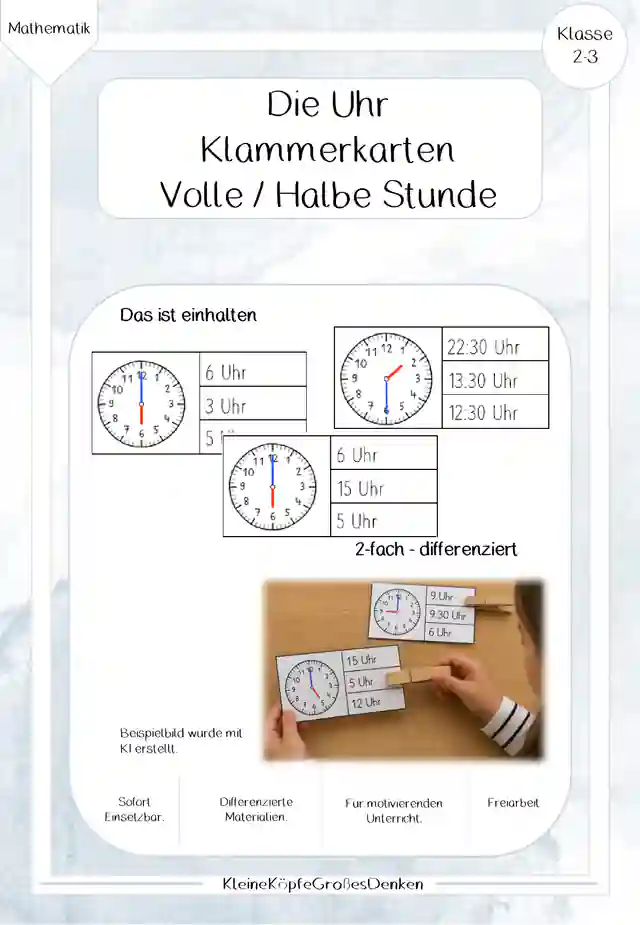 Die Uhr - Klammerkarten (volle-, halbe Stunde)