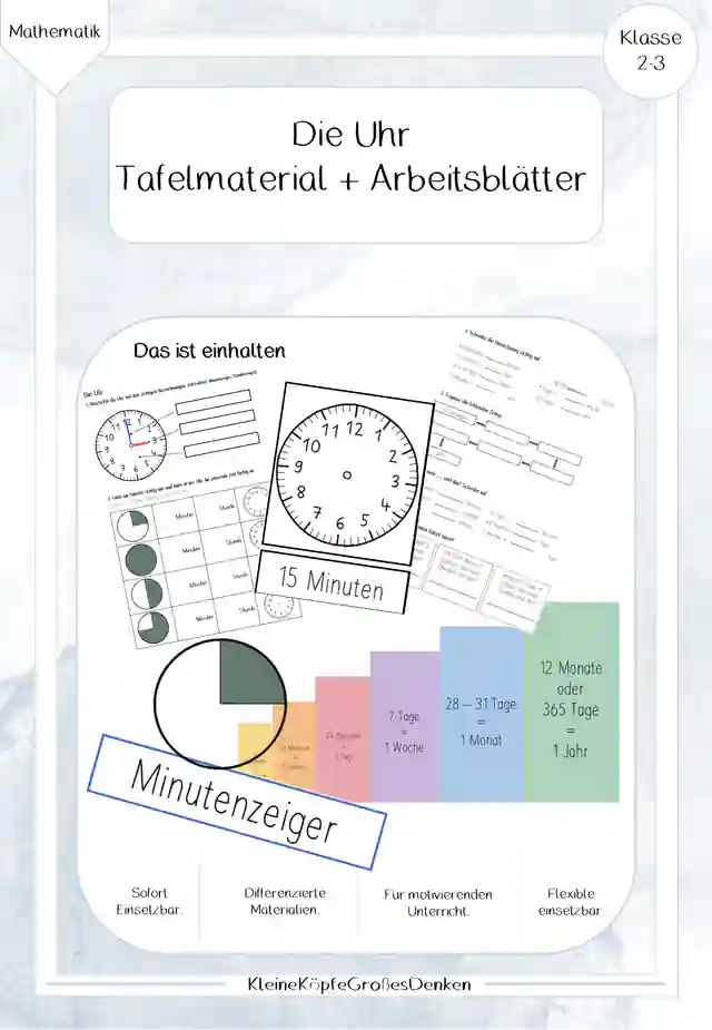 Die Uhr - Tafelmaterial + Arbeitsblätter