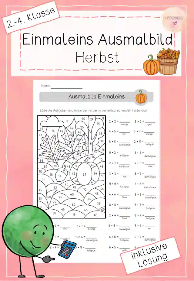 Ausmalbild (Malen nach Zahlen) - Einmaleins - Herbst