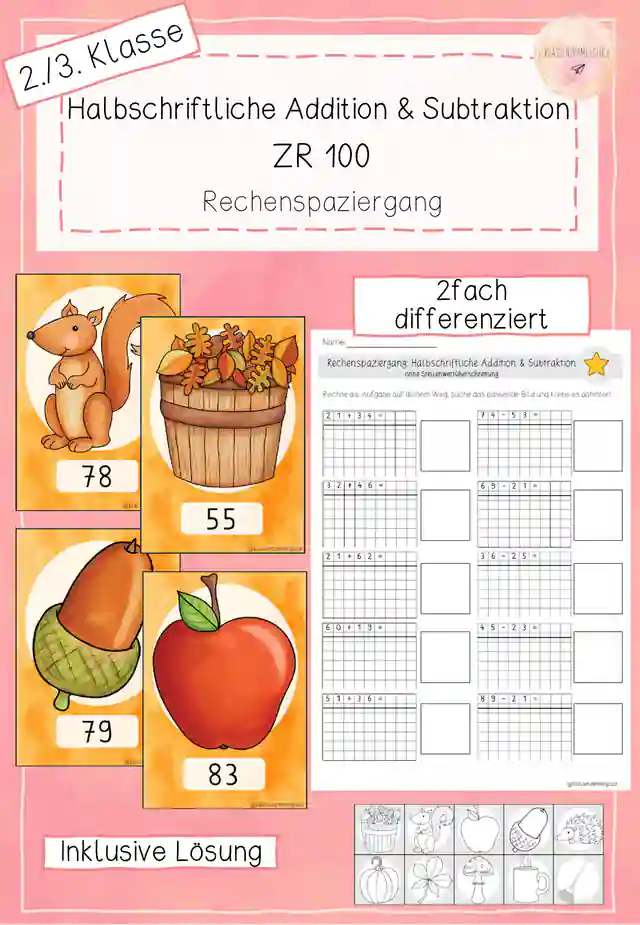 Rechenspaziergang -Halbschriftliche Addition und Subtraktion bis 100 - Herbst