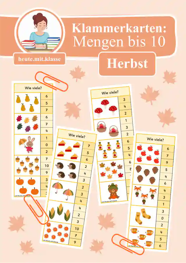 4x Klammerkarten Herbst: Mengen & Zählen im Zahlenraum bis 10