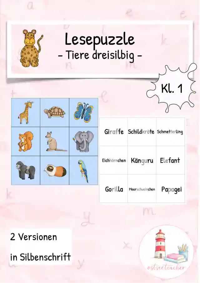 Lesen Leseförderung Lesepuzzle Tiere dreisilbig (Kl. 1)
