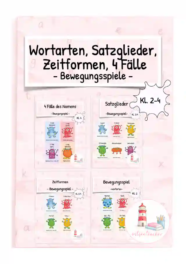 Wortarten, Satzglieder, Zeitformen, 4 Fälle Spiele Bewegung Materialpaket