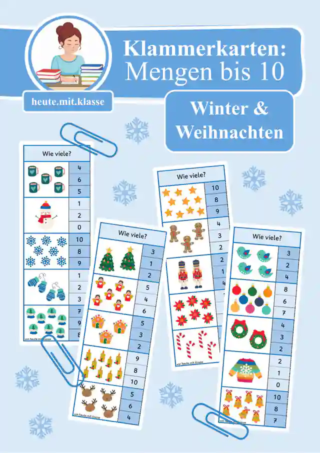 4x Klammerkarten Winter & Weihnachten & Advent: Mengen & Zählen im Zahlenraum bis 10