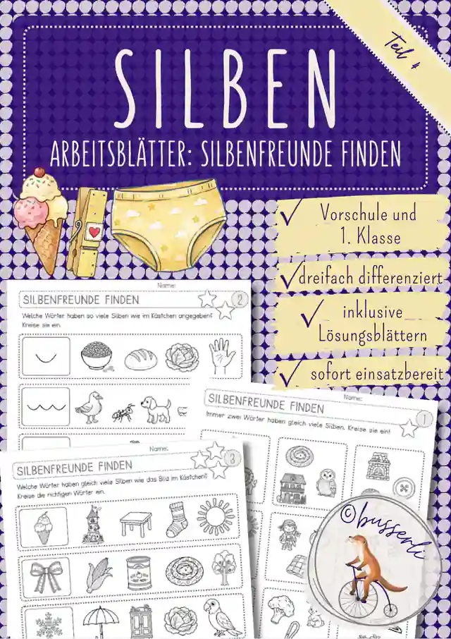 Silben erkennen und zählen | 3-fach differenzierte Arbeitsblätter | Phonologische Bewusstheit | 1. Klasse