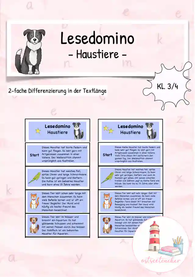 Leseförderung Lesedomino Haustiere (Kl. 3/4)