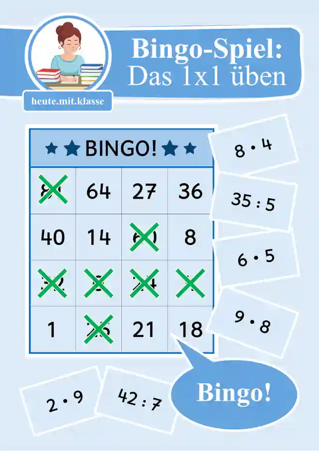 Bingo Spiel: Das kleine Einmaleins üben 1x1 (Multiplikation & Division, Malrechnen & Geteiltrechnen)