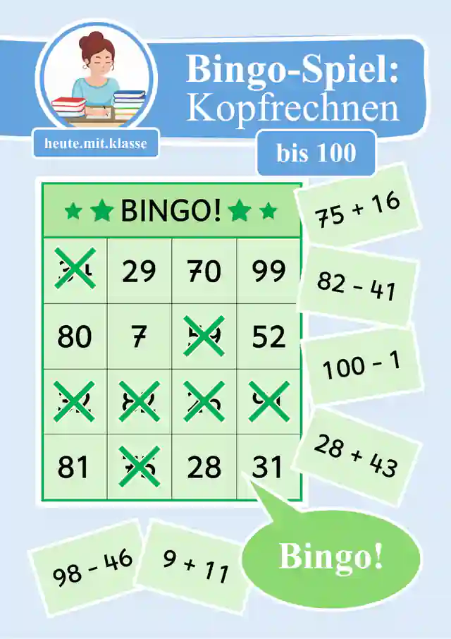 Bingo Spiel: Rechnen im Zahlenraum bis 100 (Addition & Subtraktion, Plusrechnen & Minusrechnen)