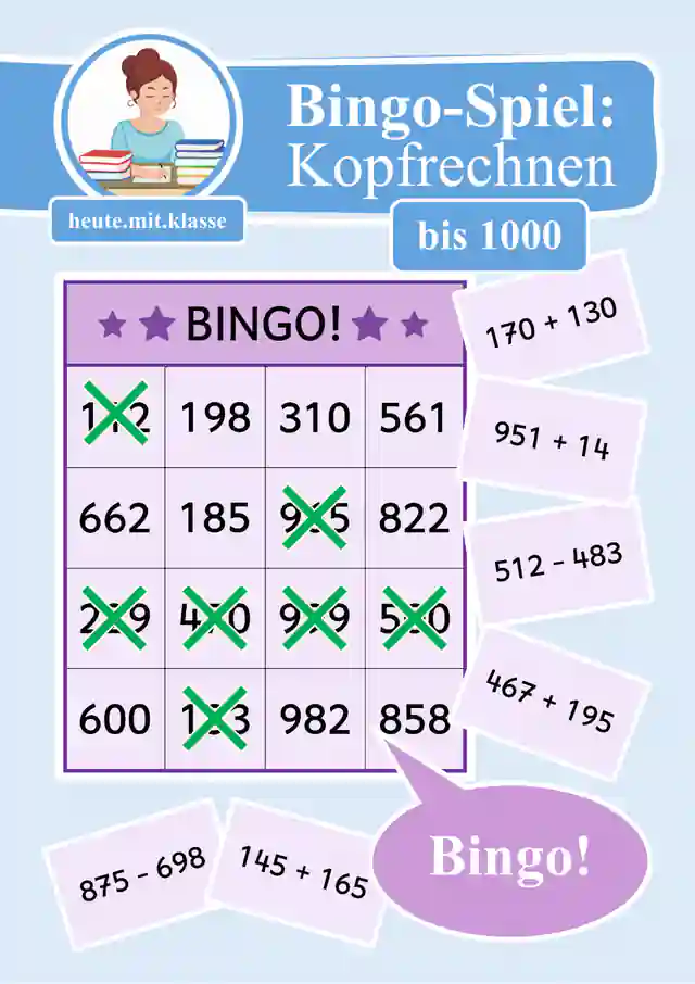 Bingo Spiel: Rechnen im Zahlenraum bis 1000 (Addition & Subtraktion, Plusrechnen & Minusrechnen)