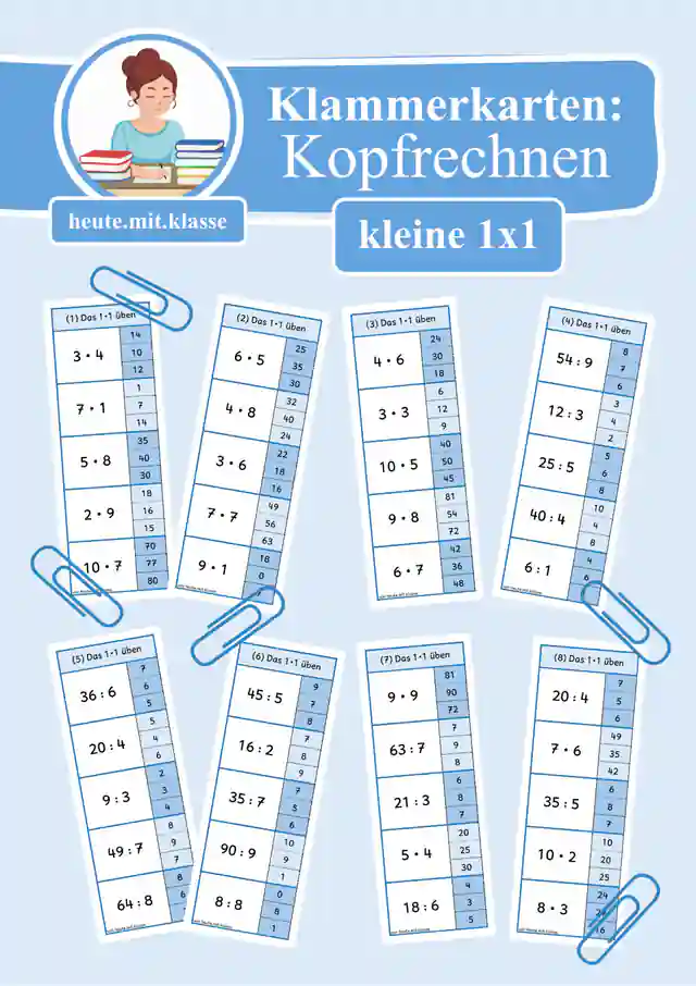 8x Klammerkarten: Das kleine Einmaleins üben 1x1 (Multiplikation & Division, Malrechnen & Geteiltrechnen)