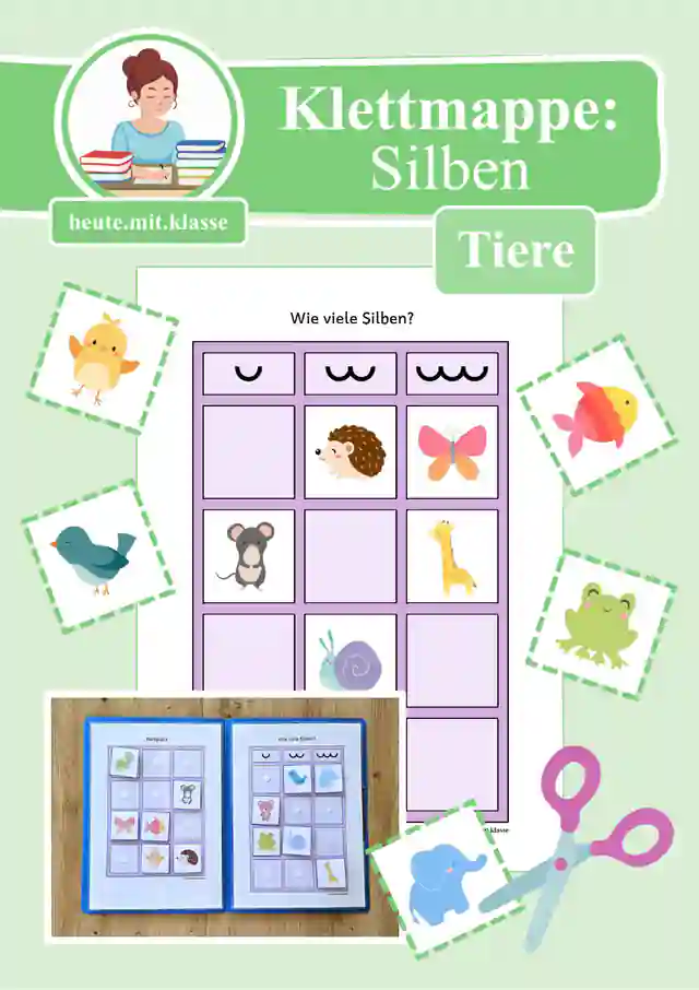 Klettmappe & Arbeitsblatt: Silben schwingen / Silbenbögen Tiere (Anfangsunterricht)