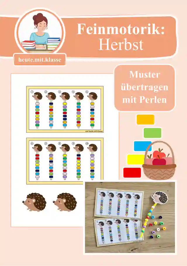 Übung Muster & Reihenbildung: Feinmotorik fördern mit Perlen - Igel im Herbst (Vorschule & 1. Klasse)