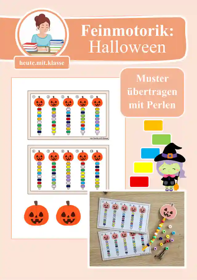 Übung Muster & Reihenbildung: Feinmotorik fördern mit Perlen - Kürbis zu Halloween (Vorschule & 1. Klasse)
