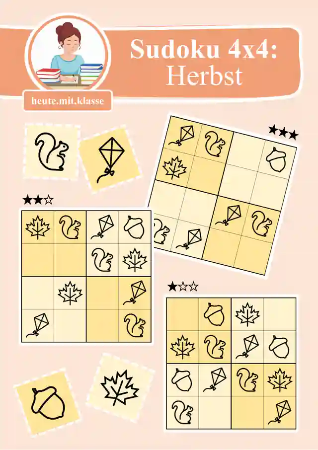 Sudoku 4x4: Herbst (Rätsel für Vorschule & Anfangsunterricht)