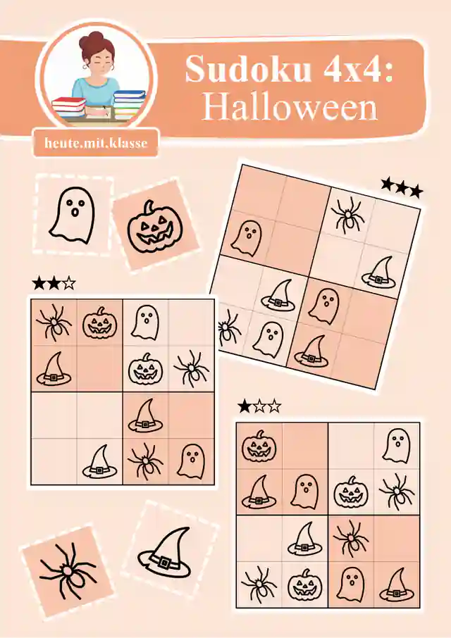 Sudoku 4x4: Halloween (Rätsel für Vorschule & Anfangsunterricht)