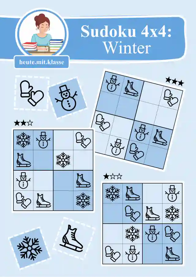 Sudoku 4x4: Winter (Rätsel für Vorschule & Anfangsunterricht)
