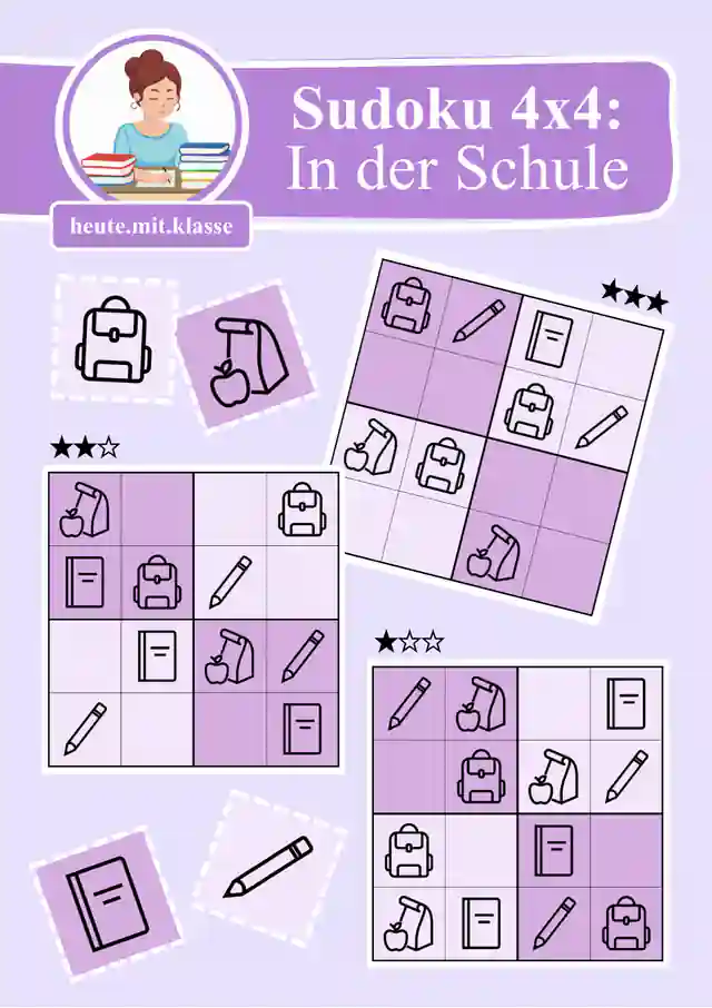 Sudoku 4x4: In der Schule (Rätsel für Vorschule & Anfangsunterricht)