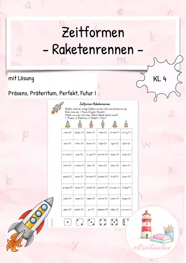 Zeitformen Spiel Raketenrennen Arbeitsblatt (Kl. 4)