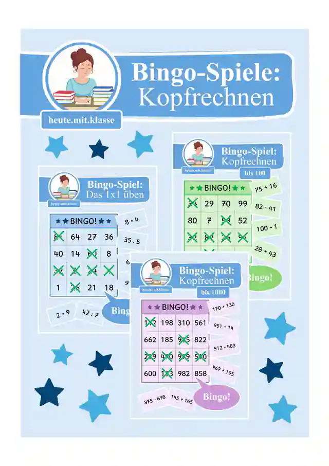Materialpaket Bingo Spiele: Kopfrechnen (das kleine 1x1 üben, Rechnen im Zahlenraum bis 100 & 1000)