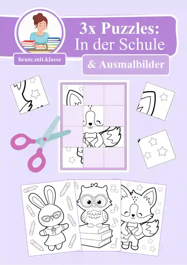 3x Puzzles & Ausmalbilder: In der Schule (Schneideübung)