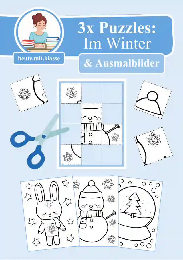 3x Puzzles & Ausmalbilder: Im Winter (Schneideübung)