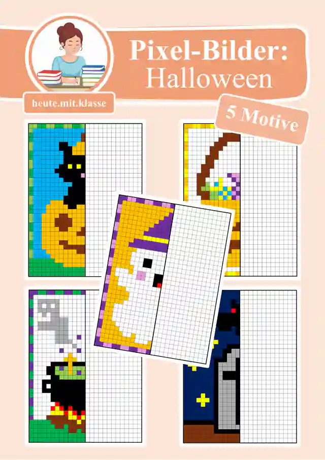 Pixel-Bilder: Halloween (Pixel-Art / Symmetrie / Spiegelachse)