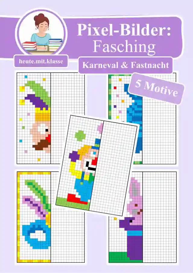 Pixel-Bilder: Fasching & Karneval & Fastnacht (Symmetrie / Pixel-Art / Spiegelachse)