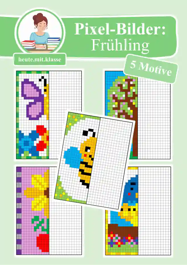 Pixel-Bilder: Frühling (Pixel-Art / Symmetrie / Spiegelachse)