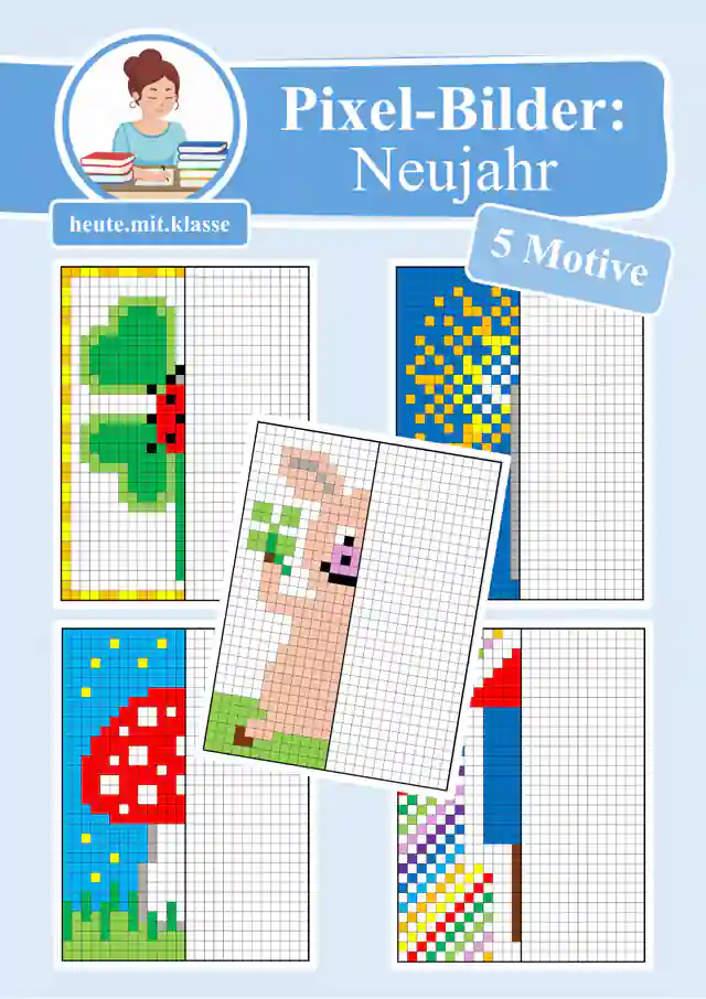 Pixel-Bilder: Neujahr & Silvester (Pixel-Art / Symmetrie / Spiegelachse)