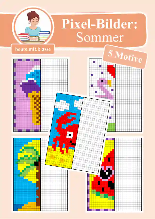 Pixel-Bilder: Sommer & Ferien (Pixel-Art / Symmetrie / Spiegelachse)