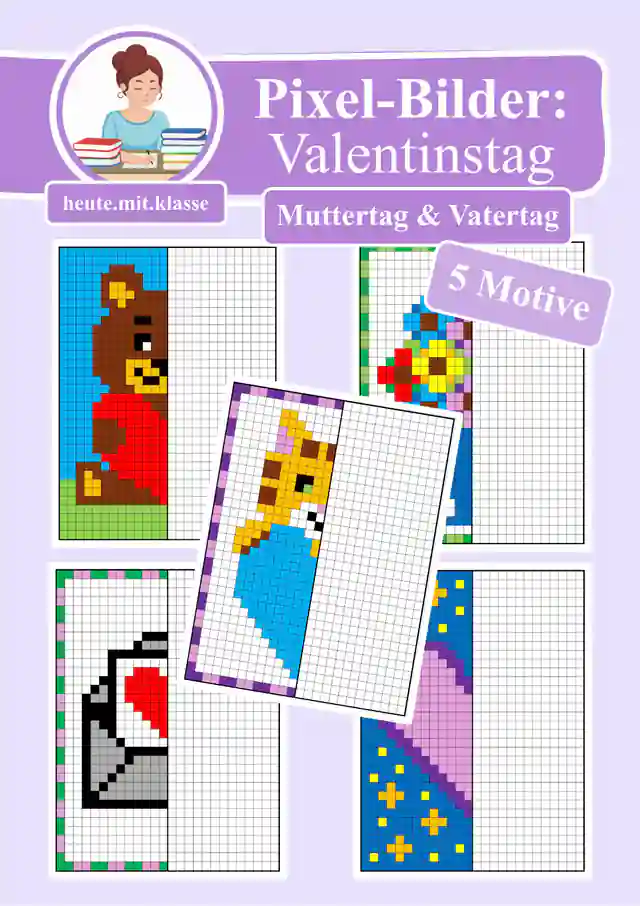 Pixel-Bilder: Valentinstag & Muttertag & Vatertag (Symmetrie / Pixel-Art / Spiegelachse)