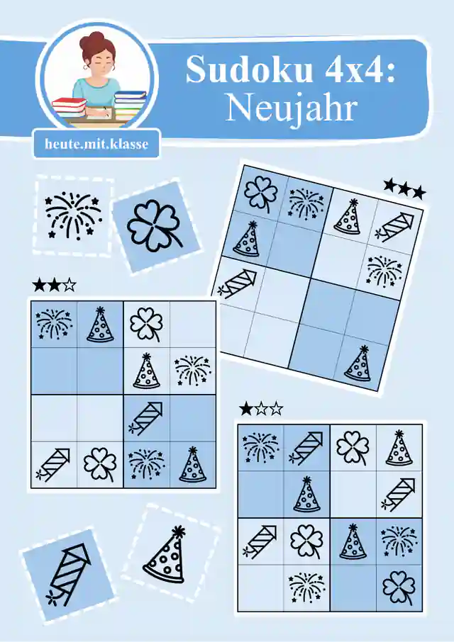 Sudoku 4x4: Neujahr & Silvester (Rätsel für Vorschule & Anfangsunterricht)