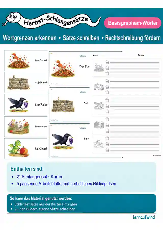 Schlangensätze mit Basisgraphemen - Wortgrenzen erkennen, Rechtschreibung üben