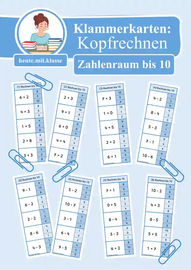 8x Klammerkarten: Rechnen im Zahlenraum bis 10 (Addition & Subtraktion)