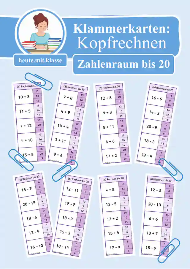 8x Klammerkarten: Rechnen im Zahlenraum bis 20 (Addition & Subtraktion, mit und ohne ZÜ)