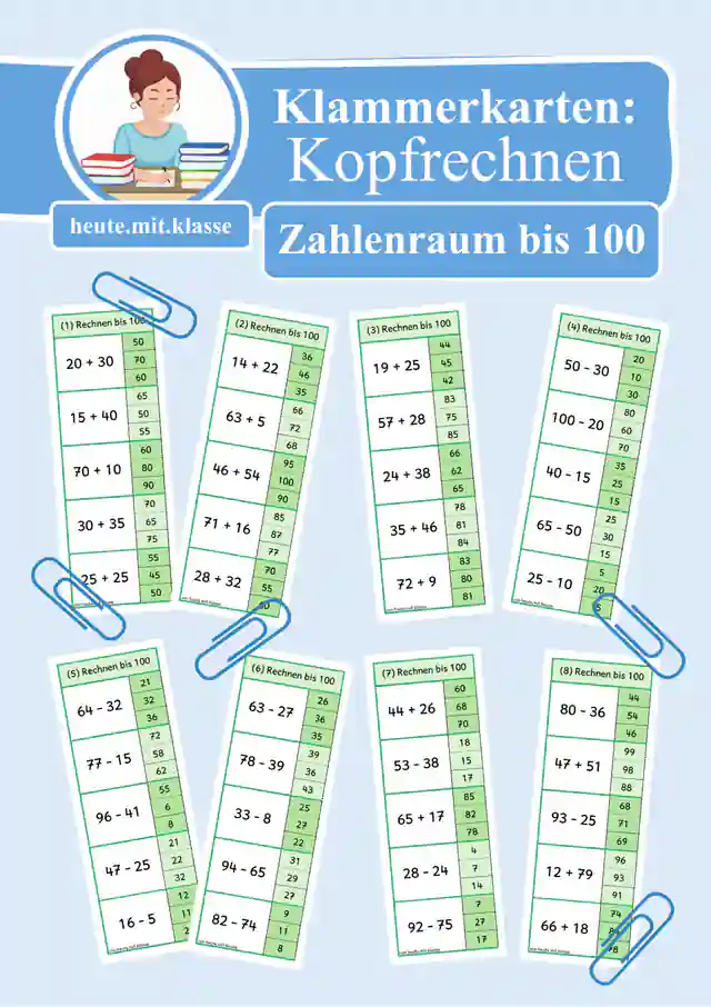 8x Klammerkarten: Rechnen im Zahlenraum bis 100 (Addition & Subtraktion, mit und ohne ZÜ)
