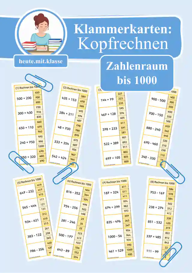 8x Klammerkarten: Rechnen im Zahlenraum bis 1000 (Addition & Subtraktion, mit und ohne ZÜ & HÜ)
