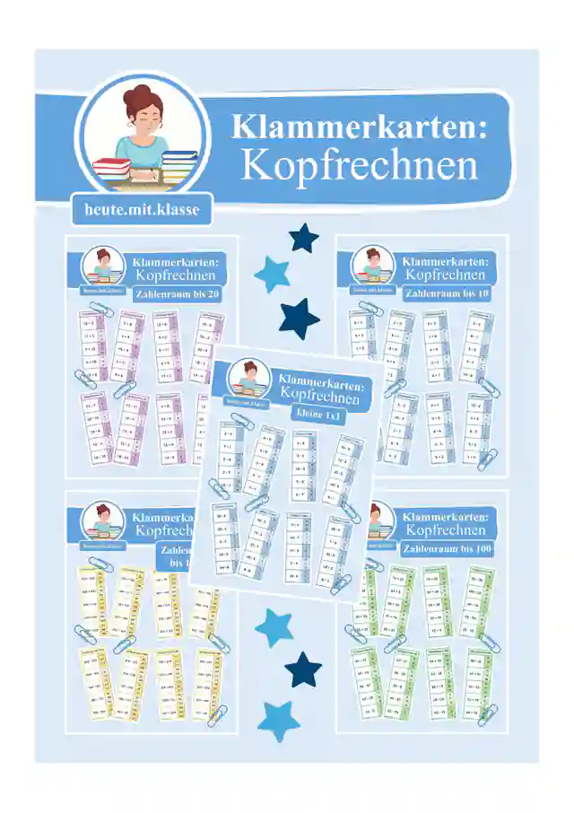 Materialpaket: Klammerkarten Kopfrechnen (Rechnen bis 10, 20, 100, 1000 & kleine Einmaleins üben)