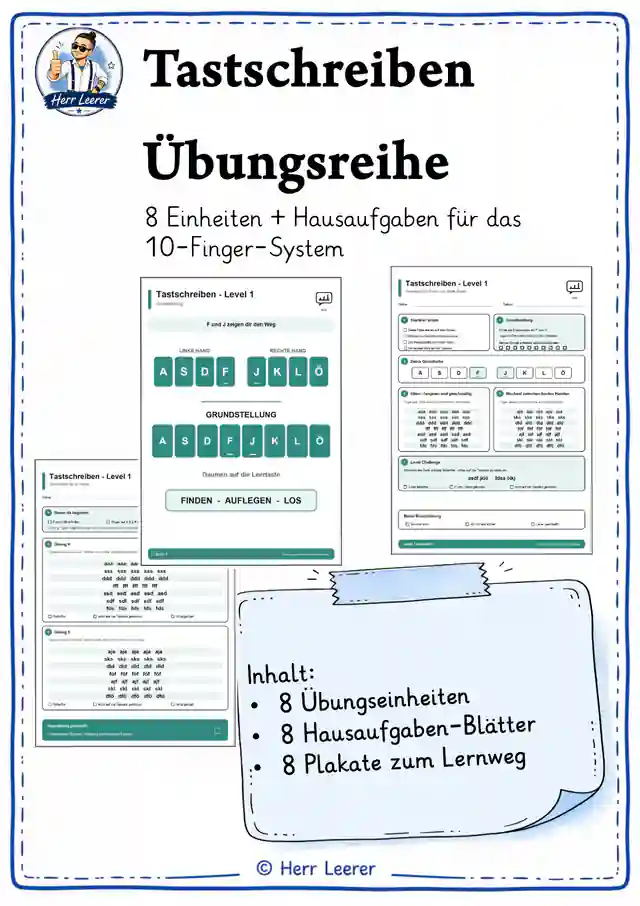Tastschreiben Unterrichtsreihe: Übungsblätter für die Schule + Zuhause + Merkplakate 