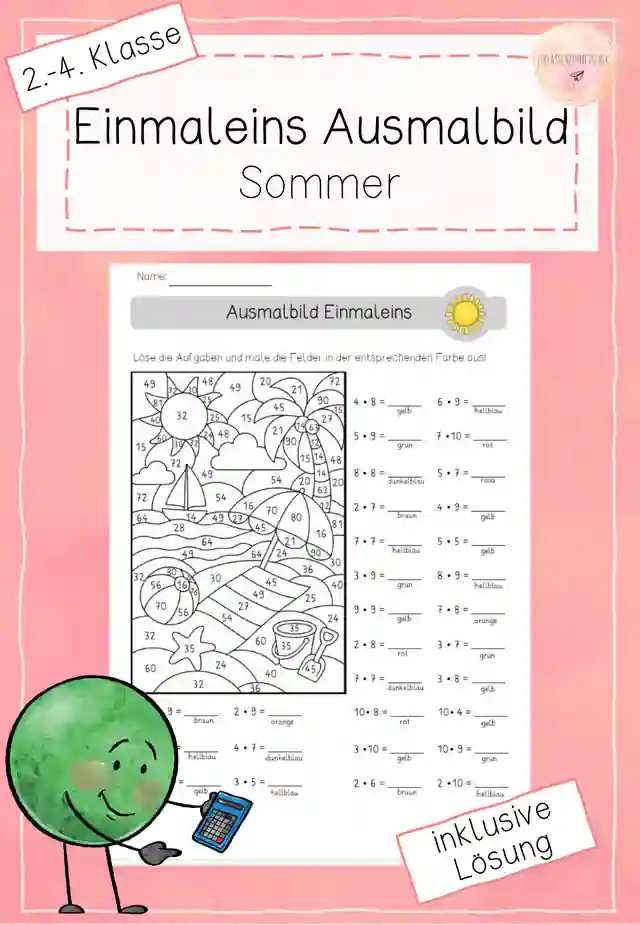 Ausmalbild (Malen nach Zahlen) -  Einmaleins - Sommer