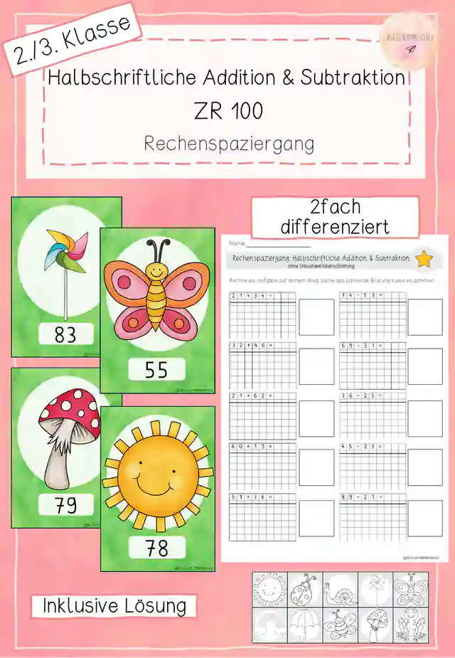 Rechenspaziergang -Halbschriftliche Addition und Subtraktion bis 100 - Frühling