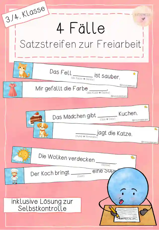 Freiarbeitsmaterial zu den vier Fällen - Fälle bilden - Satzstreifen