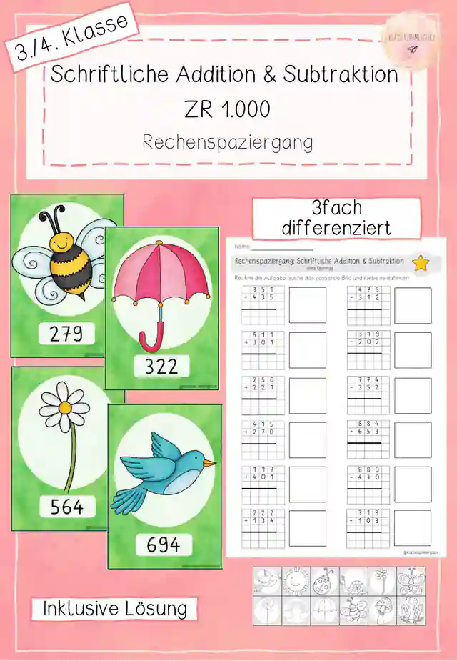 Rechenspaziergang - Schriftliche Addition und Subtraktion ZR 1000 - Frühling