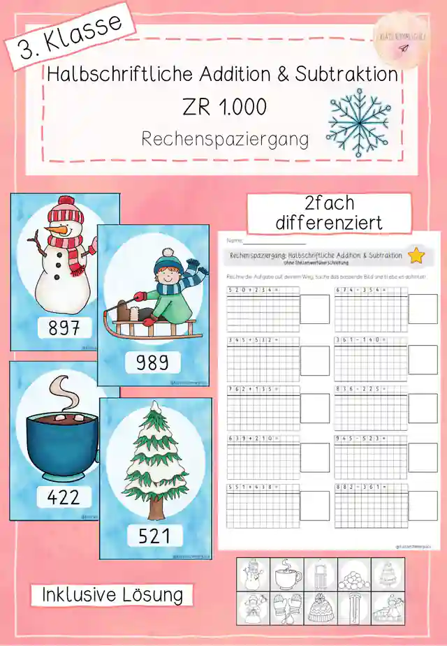 Rechenspaziergang - halbschriftliche Addition & Subtraktion bis 1000 - Winter