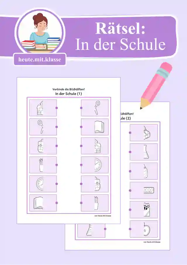 Übung Bildhälften verbinden: In der Schule (Rätsel für Vorschule & 1. Klasse)