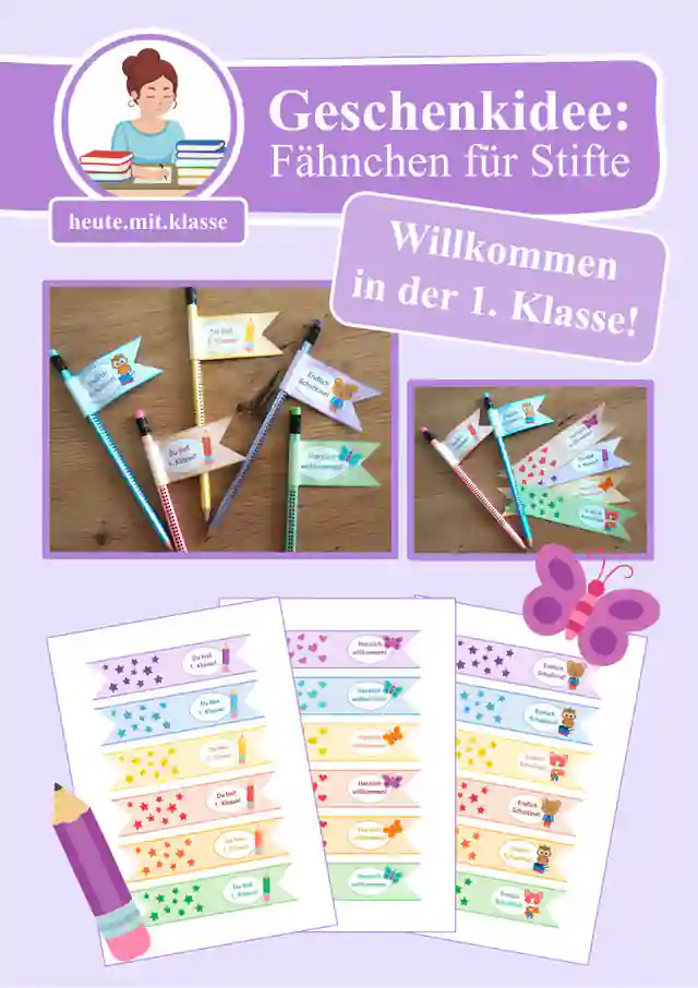 Willkommensgeschenk 1. Klasse: Fähnchen / Wimpel für Stifte (Willkommensgruß Einschulung)