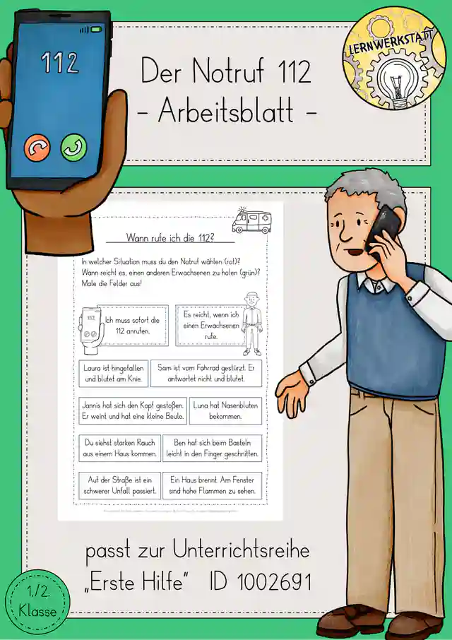 Erste Hilfe Notruf Arbeitsblatt Sachunterricht Klasse 1/2