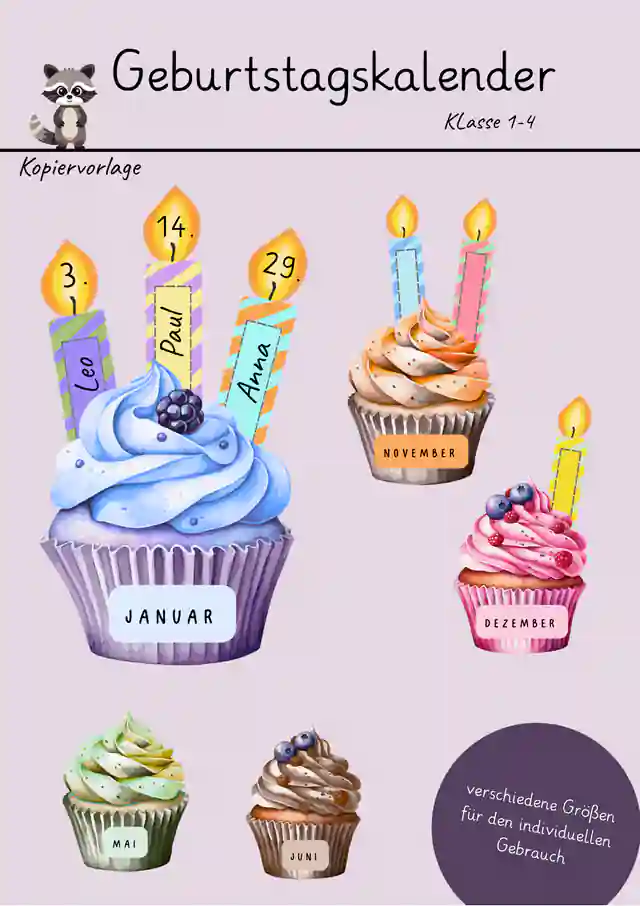Geburtstagskalender | Klasse 1-4 | Muffins und Kerzen | Bastelvorlage Kopiervorlage